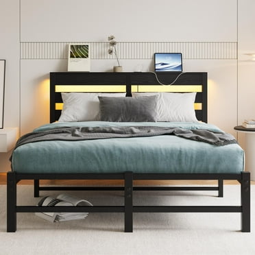 PAPROOS Full Bed Frame with RGB Lights, Metal Platform Bed with Outlets & Charger, Stable Steel Bed with Storage Shelf for Adults, No Box Spring Needed, Black