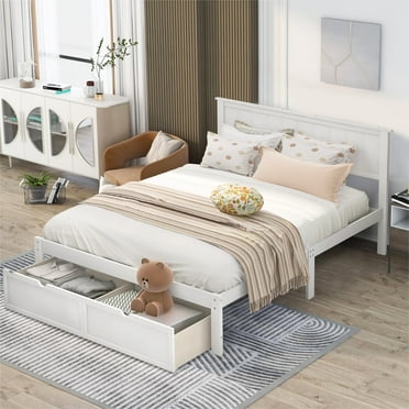 PAPROOS Full Bed with Storage, Heavy Duty Wood Platform Bed Frame with Headboard and Under-bed Drawers, Space Saving, Modern Full Size Bed Frame for Kids Teens Adults, No Box Spring Needed, White