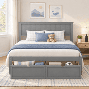 PAPROOS Full Bed with Storage, Full Size Bed Frame with 2 Under-Bed Drawers, Wood Platform Bed Frame with Headboard, Space Saving, No Box Spring Needed, Gray