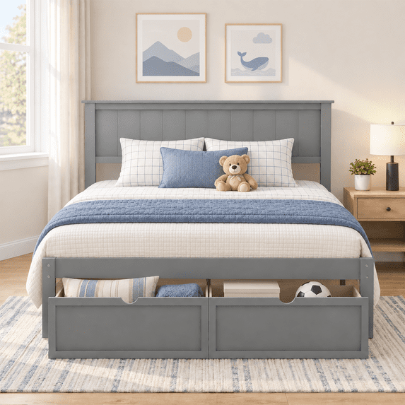 PAPROOS Full Bed with Storage, Full Size Bed Frame with 2 Under-Bed Drawers, Wood Platform Bed Frame with Headboard, Space Saving, No Box Spring Needed, Gray