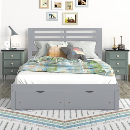PAPROOS Full Bed with Storage, Heavy Duty Wood Platform Bed with Headboard and 2 Under-bed Drawers, Modern Full Size Bed Frame, No Box Spring Needed, Gray