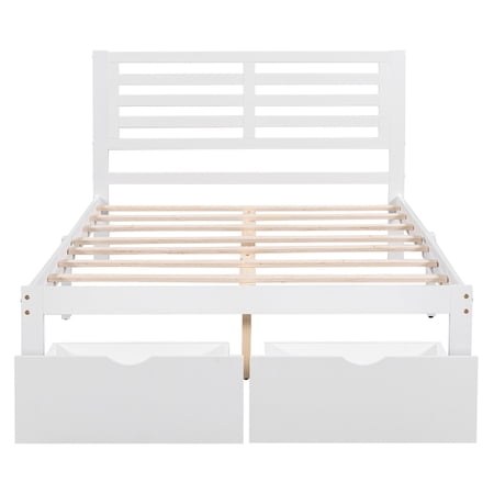 PAPROOS Full Bed with Storage, Heavy Duty Wood Platform Bed with Headboard and 2 Under-bed Drawers, Modern Full Size Bed Frame, No Box Spring Needed, White