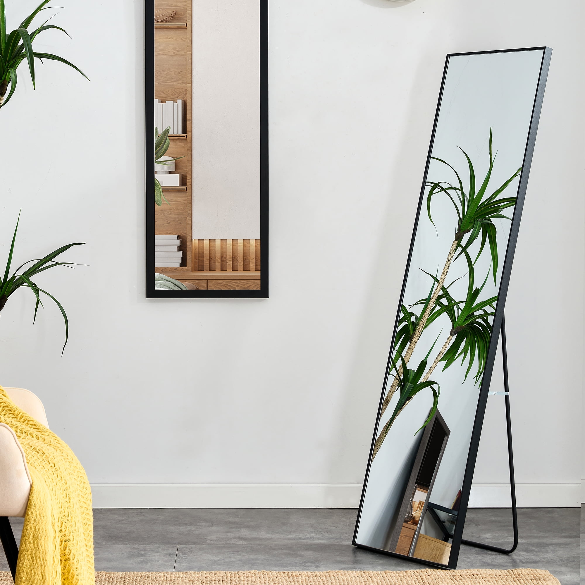 PAPROOS Full Length Mirror with Stand, 58'' x 15'' Solid Wood Frame Full Body Mirror, Wall