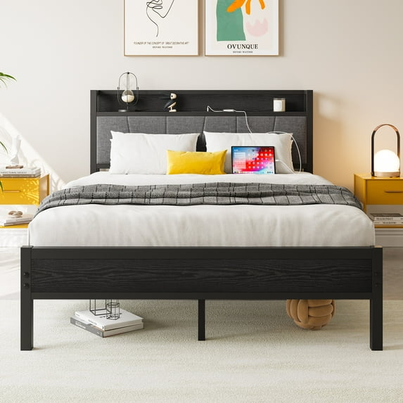 PAPROOS Full Metal Platform Bed, Storage Headboard with Charging Station, Metal Bed Frame with Heavy Duty Steel Slats, No Box Spring Needed, Black