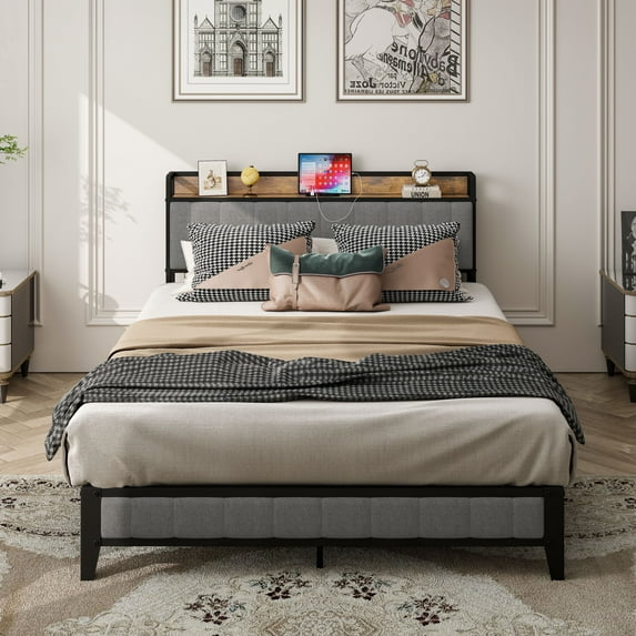 Full Size Bed Frame with Charging Station and Upholstered Storage Headboard, Metal Platform Bed with Under Bed Storage, No Box Spring Needed, Noise Free, Easy Assembly (Light Grey, Full)