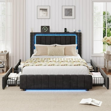 Full Platform Bed Frame with 4 Drawers, LED Lights and Charging Station, UHOMEPRO Upholstered Bed Frame Full Size with Vertical Channel and Rivet Decor Headboard, No Box Spring Needed, Black