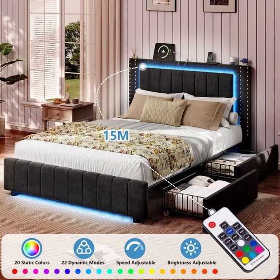 UHOMEPRO Full Bed Frame with Headboard, Platform Full Size Bed Frame with Storage Drawers, Upholstered Full Bed Frame with LED Lights and USB Charging, No Box Spring Needed