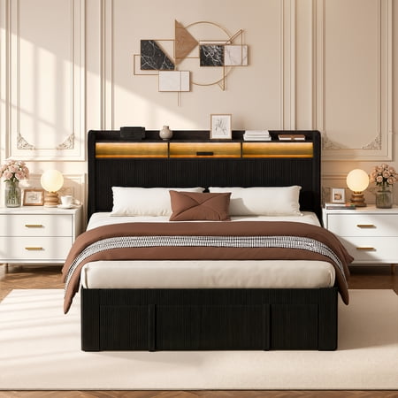 UHOMEPRO Full Size Bed Frame with Storage Headboard and Drawer, Corduroy Platform Bed Frame with Charging Station, LED Lights, No Box Spring Needed, Noise-Free, Black price history and forecast - uhomepro XUE001