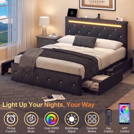 UHOMEPRO Full Size Bed Frame with Storage Drawers and LED, Upholstered Bed with Charging Station, Adjustable Headboard, Faux Leather Diamond Tufted, No Box Spring Needed, Black price history and forecast - uhomepro W5722P462440