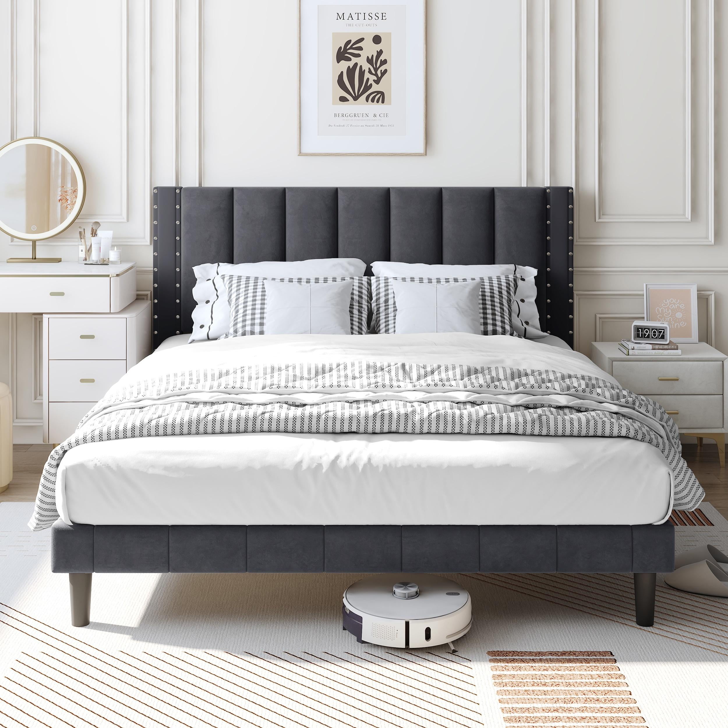 UHOMEPRO Full Bed Frame with Headboard, Platform Full Size Bed Frame with Storage Drawers, Upholstered Full Bed Frame with LED Lights and USB Charging, No Box Spring Needed