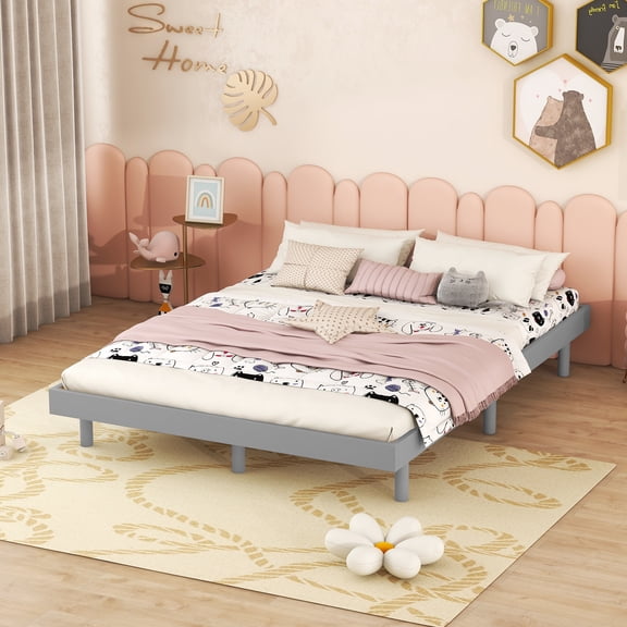PAPROOS Full Size Bed Frame, New Upgraded Wood Platform Bed with Strong Wooden Slats and Solid Wood Legs, Modern Floating Platform Bed Frame for Teens Adults, No Box Spring Needed, Gray