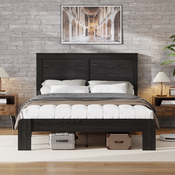 PAPROOS Full Size Bed Frame, Rustic Wood Platform Bed with Headboard, Modern Farmhouse Style Full Bed Frame No Box Spring Needed, Dark Black