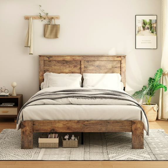PAPROOS Full Size Bed Frame, Rustic Wood Platform Bed with Headboard, Modern Farmhouse Style Full Bed Frame No Box Spring Needed, Dark Brown