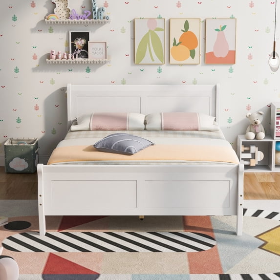 PAPROOS Full Size Bed Frame, Solid Wood Platform Bed with Strong Wooden Slats, Headboard and Footboard, Modern Full Bed Frame, No Box Spring Needed, White
