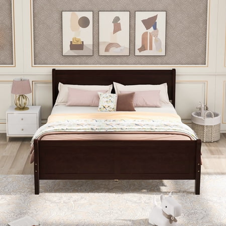 PAPROOS Full Size Bed Frame, Solid Wood Platform Bed with Strong Wooden Slats and Headboard, Modern Full Bed Frame, No Box Spring Needed, Espresso