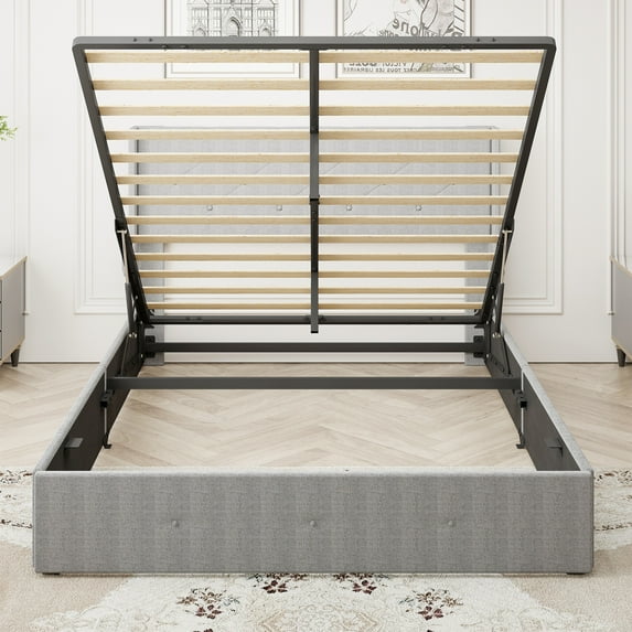 PAPROOS Full Size Bed Frame with USB Charging Station, Upholstered Platform Bed Frame with Gas Lift Storage Bed, Wingback Storage Headboard, No Box Spring Needed, Light Gray