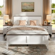 UHOMEPRO Full Size Bed Frame, Wood Platform Bed with Headboard and Footboard, Full Bed Frame with Wooden Slats, Holds 500lbs, Easy Assembly, No Box Spring Needed, Brown and White