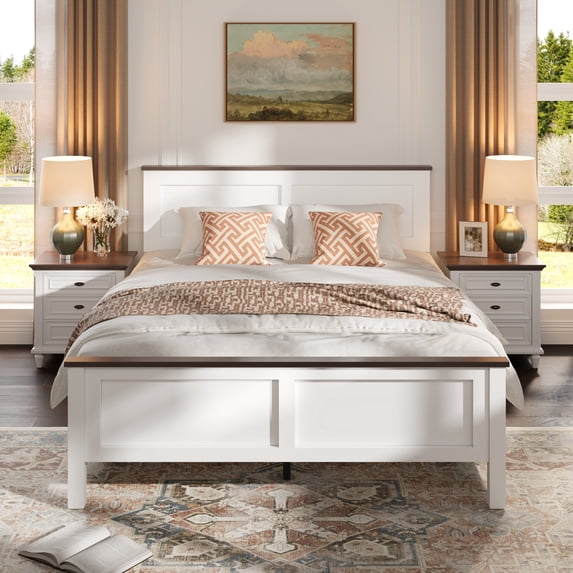 UHOMEPRO Full Size Bed Frame, Wood Platform Bed with Headboard and Footboard, Full Bed Frame with Wooden Slats, Holds 500lbs, Easy Assembly, No Box Spring Needed, Brown and White