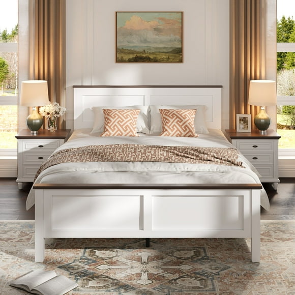 UHOMEPRO Full Size Bed Frame, Wood Platform Bed with Headboard and Footboard, Full Bed Frame with Wooden Slats, Holds 500lbs, Easy Assembly, No Box Spring Needed, Brown and White