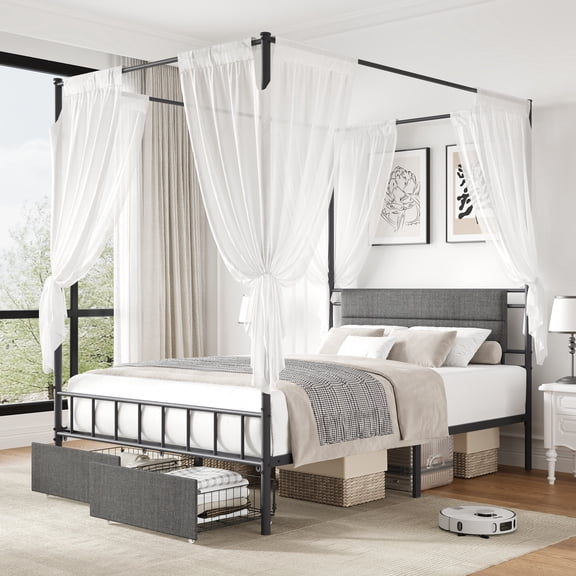 PAPROOS Full Size Canopy Bed Frame, Upholstered Bed Frame with Metal Slats, Metal Platform Bed with 2 Storage Drawers, No Box Spring Needed, Gray(Curtain, Mattress Not Included)