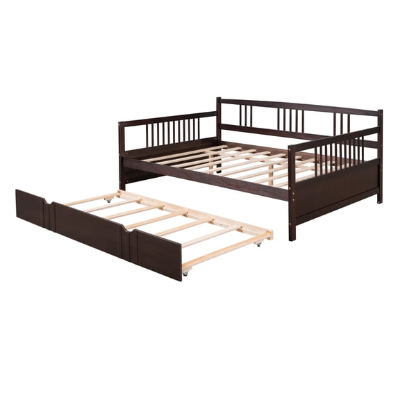 PAPROOS Full Size Daybed with Trundle Included, Solid Wood Daybed with a Trundle, Heavy Duty Daybed Frame, Living Room Sofa Bed with Pull Out Bed, No Box Spring Needed, Espresso