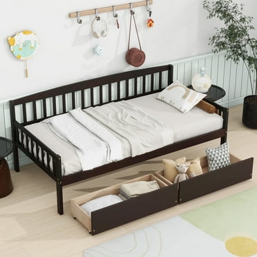 PAPROOS Twin Daybed with Storage, Solid Pine Wood Sofa Bed with 2 Drawers and Wooden Slats, No Box Spring Needed, Espresso