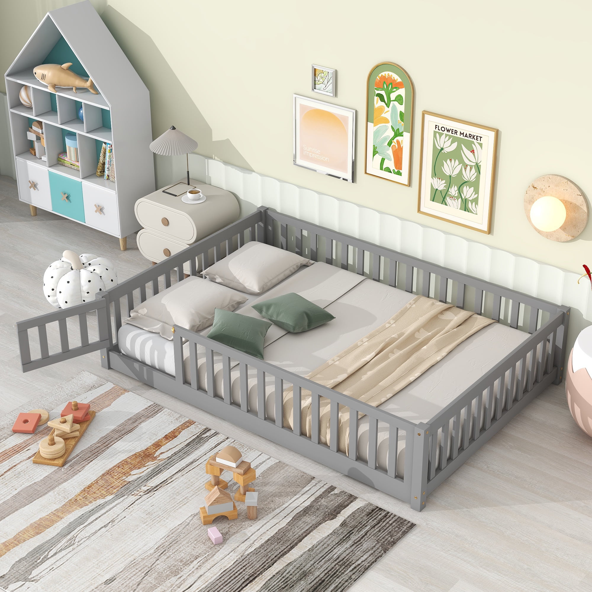 PAPROOS Full Montessor Floor Bed, Solid Wood Toddler Bed with Safety Guardrail and Door, Easy Assembly, Low-to-Floor Bed Frame with Slats for Kids, Gray