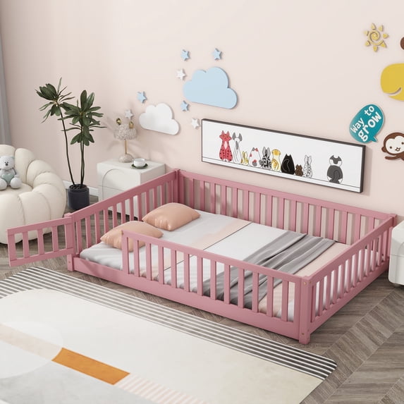 PAPROOS Full Montessor Floor Bed, Solid Wood Toddler Bed with Safety Guardrail and Door, Easy Assembly, Low-to-Floor Bed Frame with Slats for Kids, Pink