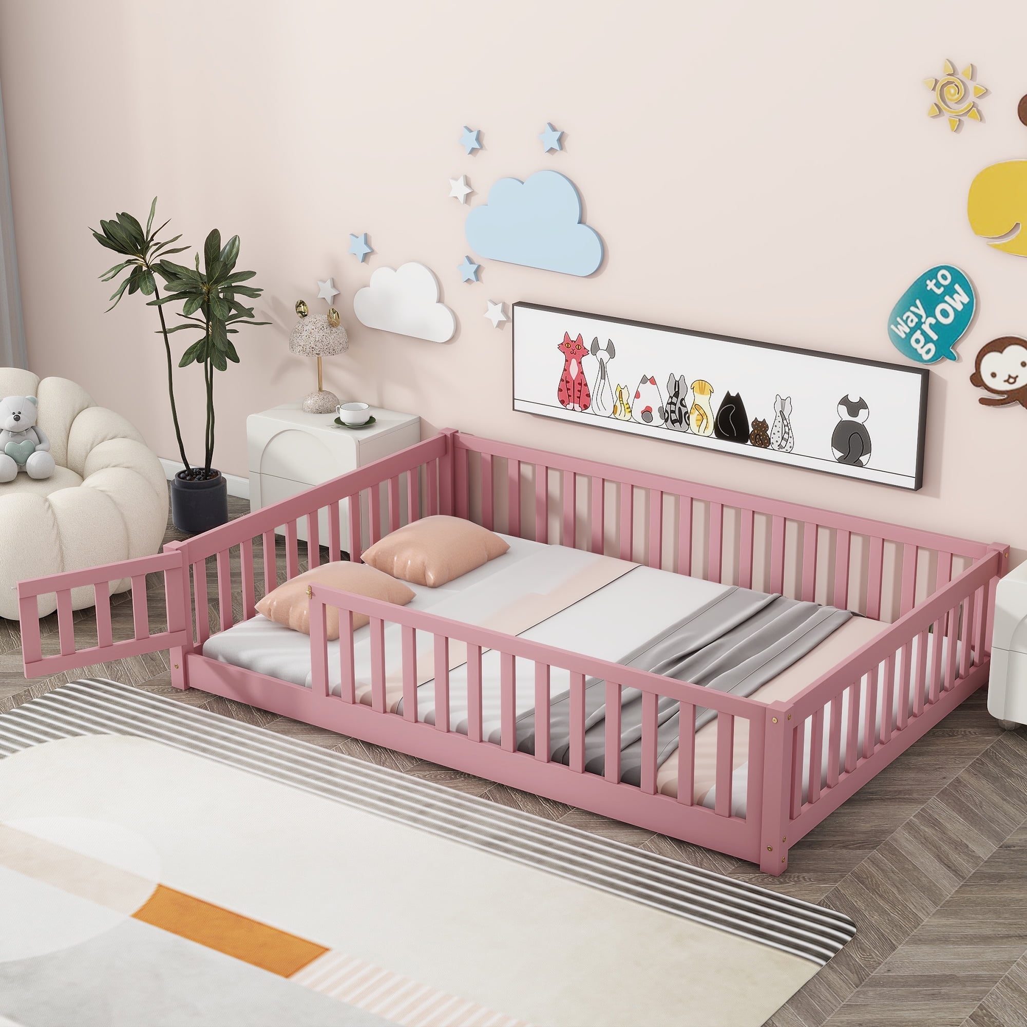 PAPROOS Full Size Floor Bed, Solid Wood Floor Platform Bed with Slat, Fence Guardrail and Door, No B(图1)