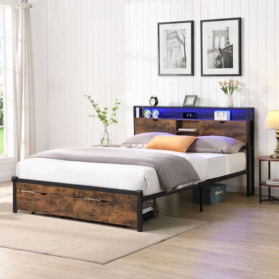 PAPROOS Full Size Bed Frame, Metal Platform Bed with Wooden Storage Headboard, 2 drawers, Charging Station, LED Light, No Box Spring Needed, Brown+Black