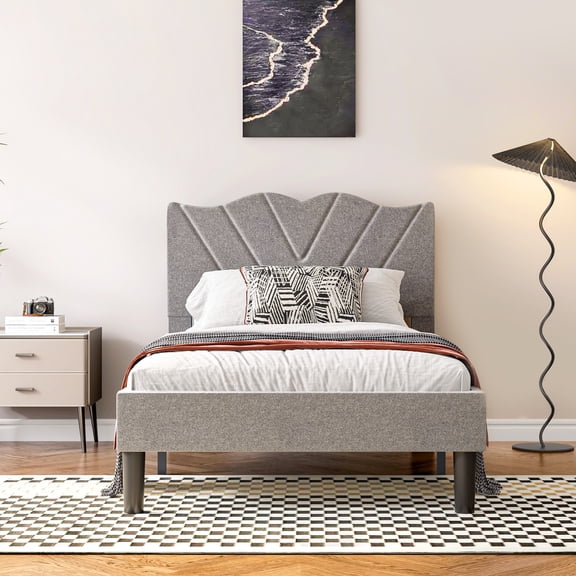 PAPROOS Twin Bed Frame, Twin Bed with Velvet Upholstered Headboard, Metal Platform Bed with Under Bed Storag, No Box Spring Needed, Noise-Free, Gray