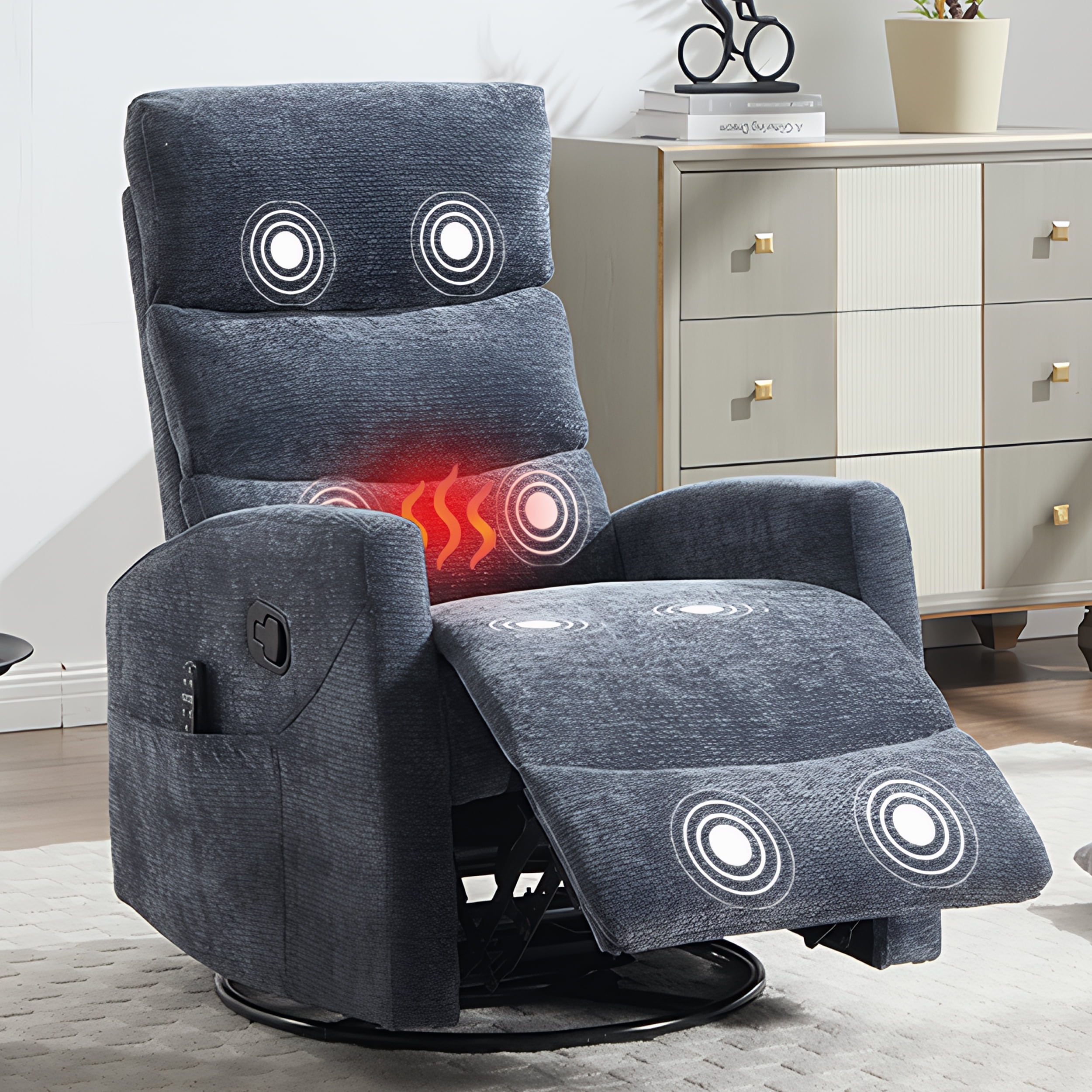 PAPROOS Rocker Recliner with Heat and Massage, Fabric 360°Swivel Rocker Recliner, Glider Rocking Chair for Nursery, Small Manual Recliner with Side Pocket for Home Theater Living Room, Blue
