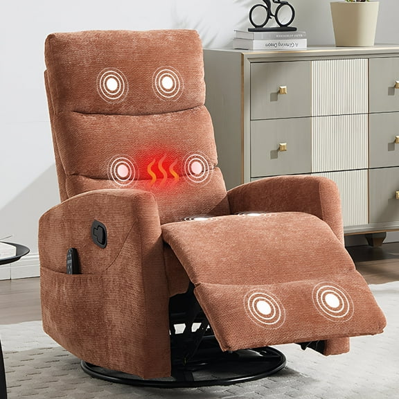 PAPROOS Rocker Recliner with Heat and Massage, Fabric 360°Swivel Rocker Recliner, Glider Rocking Chair for Nursery, Small Manual Recliner with Side Pocket for Home Theater Living Room, Orange