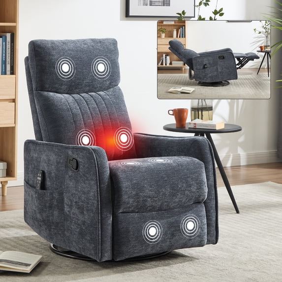 PAPROOS Rocker Recliner with Massage and Heat, Fabric 360°Swivel Rocker Recliner, Glider Rocking Chair for Nursery, Small Manual Recliner with Side Pocket for Home Theater Living Room, Blue