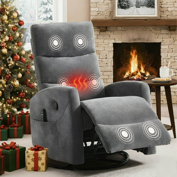 PAPROOS Rocker Recliner with Heat and Massage, Fabric 360° Swivel Rocking Recliner, Glider Rocking Chair for Nursery, Manual Recliner with Side Pocket for Adults for Home Theater Living Room, Gray