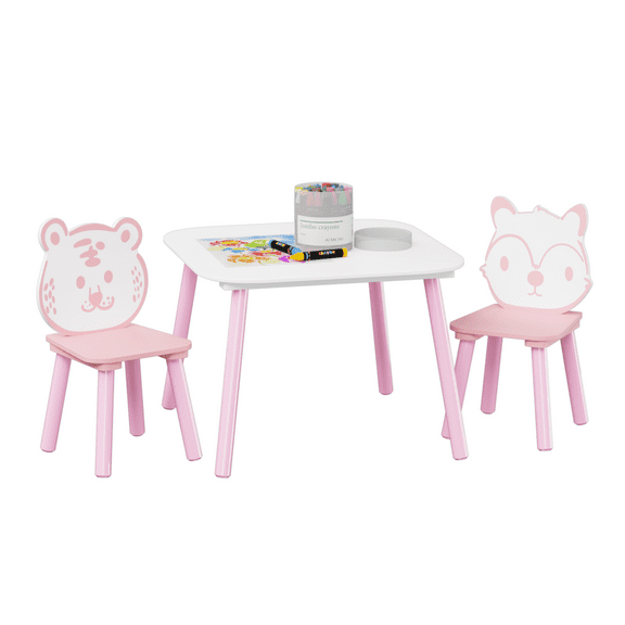 PAPROOS Kids Table and 2 Chairs Set, 3 Pieces Wood Activity Table Drawing Play Table and Animal Chairs Set, Toddler Adorable Study Desk Table Chairs Set for Playroom or Nursery, Pink