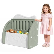 PAPROOS Kids Toy Box, Cute Toy Chest Organizer with Seating Bench and Sliding Door, Toy Storage Chest for Girls Boys, Modern Toy Storage Cabinet for Playroom, Living Room, Bedroom, Green+Light Gray