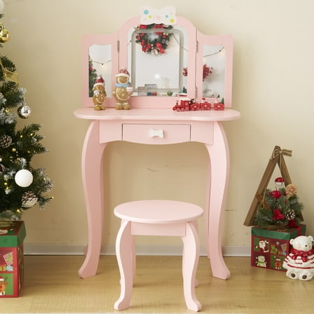 PAPROOS Kids Vanity Set with Mirror and Lights, Wood 2-in-1 Girls Vanity with Drawer, Princess Toddler Dressing Table, Pretend Play Kids Makeup Vanity Table and Chair for Little Girls Aged 3+, Pink