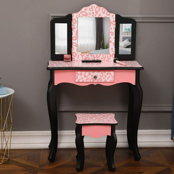 Paproos Kids Vanity with Mirrors and Stool, Pretend Play Kids Vanity Set with Tri-folding Mirror, Drawer, Princess Makeup Vanity Desk, Toddler Vanity Dressing Table for Little Girls 3+, Pink Leopard