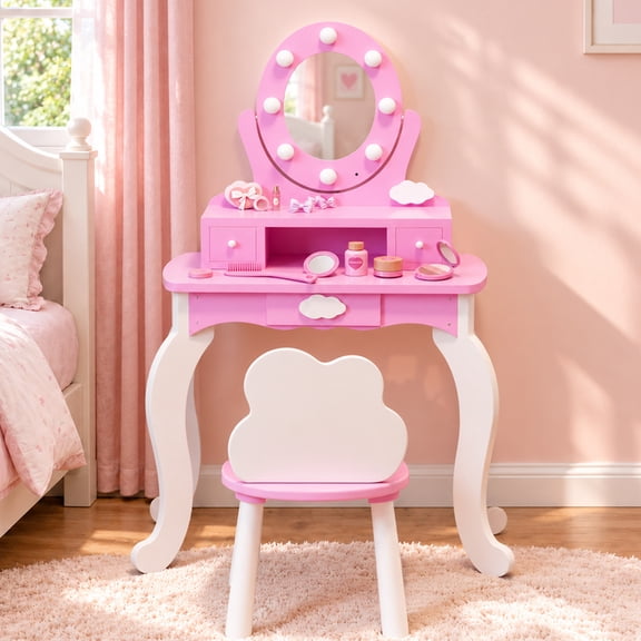Paproos Kids Vanity Set with Mirror and Lights, Wood Girls Vanity with 3 Drawers & Stool, Princess Toddler Vanity Dressing Table for Little Girls Ages 3 , Pink