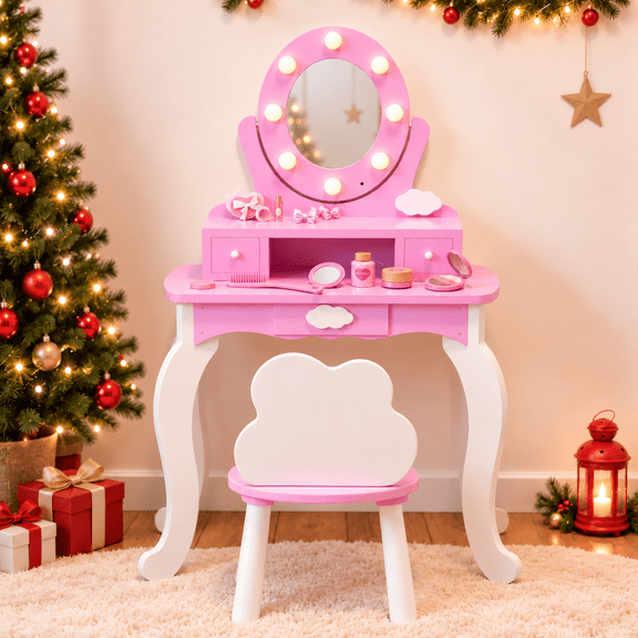 Paproos Kids Vanity Set with Mirror and Lights, Wood Girls Vanity with 3 Drawers & Stool, Princess Toddler Vanity Dressing Table for Little Girls Ages 3 , Pink
