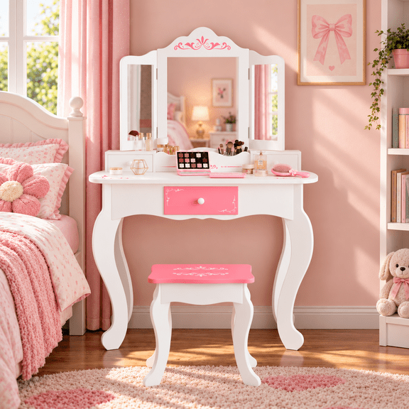 Paproos Kids Vanity with Mirrors and Stool, Pretend Play Kids Vanity Set with Tri-folding Mirror, 3 Drawers, Wood Princess Makeup Vanity Desk, Toddler Vanity Dressing Table for Little Girls 3 , White