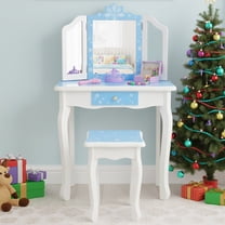 Paproos Kids Vanity with Mirrors and Stool, Pretend Play Kids Vanity Set with Tri-folding Mirror, Drawer, Wood Princess Makeup Vanity Desk, Toddler Vanity Dressing Table for Little Girls 3 , Blue