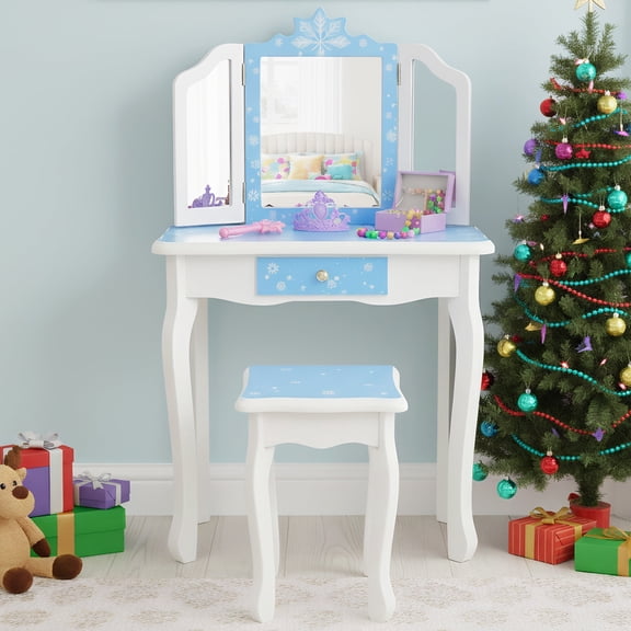 Paproos Kids Vanity with Mirrors and Stool, Pretend Play Kids Vanity Set with Tri-folding Mirror, Drawer, Wood Princess Makeup Vanity Desk, Toddler Vanity Dressing Table for Little Girls 3+, Blue