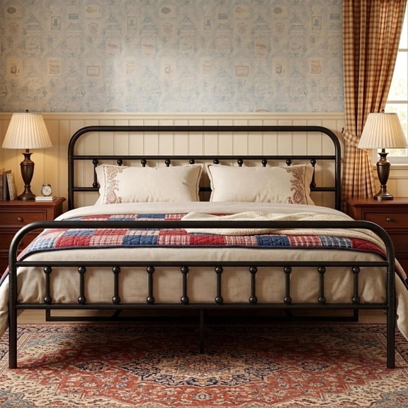 PAPROOS King Bed Frame with Headboard and Footboard, Metal Platform Bed with Under Bed Storage, No Box Spring Needed, Noise Free, Black