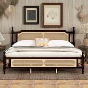 PAPROOS King Platform Bed Frame, Wood King Size Bed Frame with Rattan Headboard, Modern Bed Frame King with Central Enhanced for Adults, No Box Spring Needed, Espresso