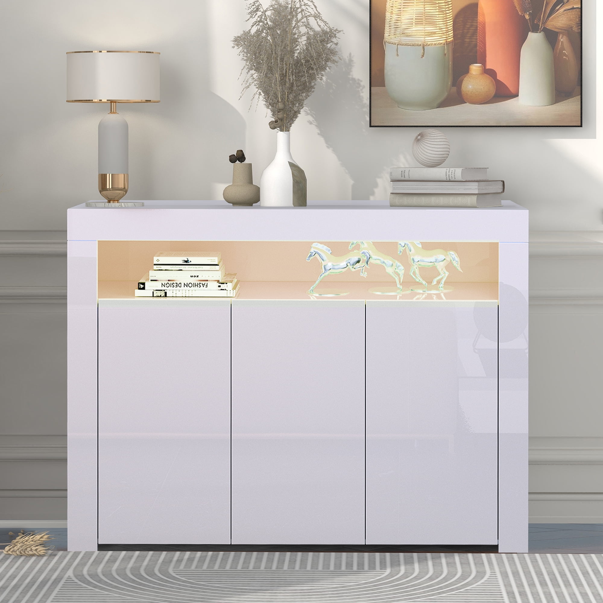 PAPROOS Kitchen Storage Sideboard High Gloss Buffet Cabinet with 16 Colors LED Light Modern Buffet Server Table Sideboard Cupboard for Dining Room