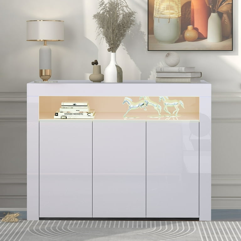 PAPROOS Kitchen Storage Sideboard High Gloss Buffet Cabinet with 16 Colors LED Light Modern Buffet Server Table Sideboard Cupboard for Dining Room