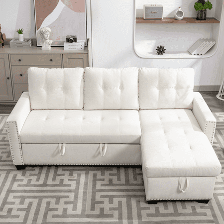 PAPROOS L-Shape 2 Seat Sectional Chaise With Storage Space, Beige Reversible Sectional Storage Sleeper Sofa Bed, Mid Century Modern 77 inch Square Arm Sofas Couches for Compact Bedroom