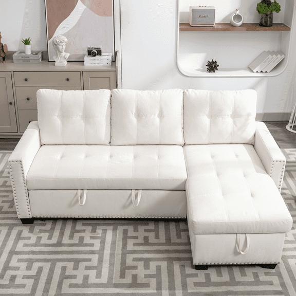 PAPROOS L-Shape 2 Seat Sectional Chaise With Storage Space, Beige Reversible Sectional Storage Sleeper Sofa Bed, Mid Century Modern 77 inch Square Arm Sofas Couches for Compact Bedroom